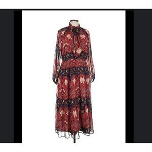 ANN TAYLOR LOFT Red  Colorful Floral Bow Tie Neck Lined Blouson Midi Dress Sz S